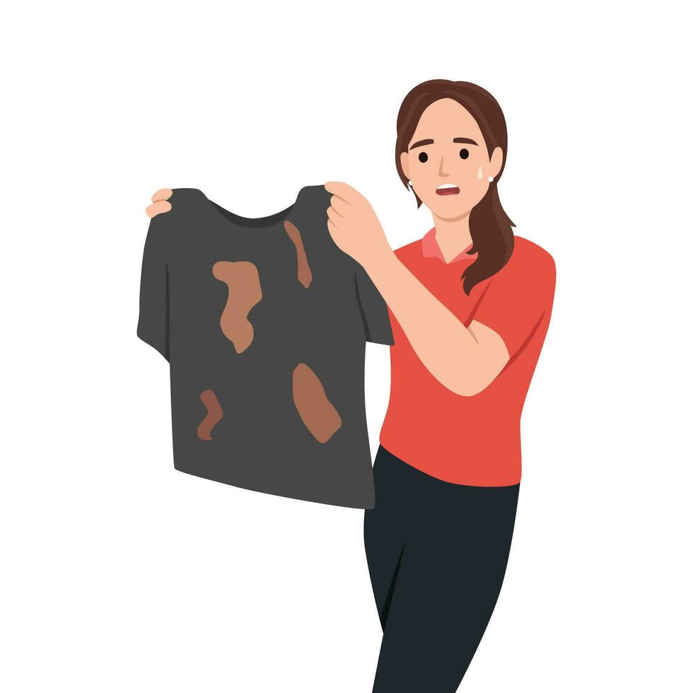 Disgusted woman with smelly worn clothes. vector