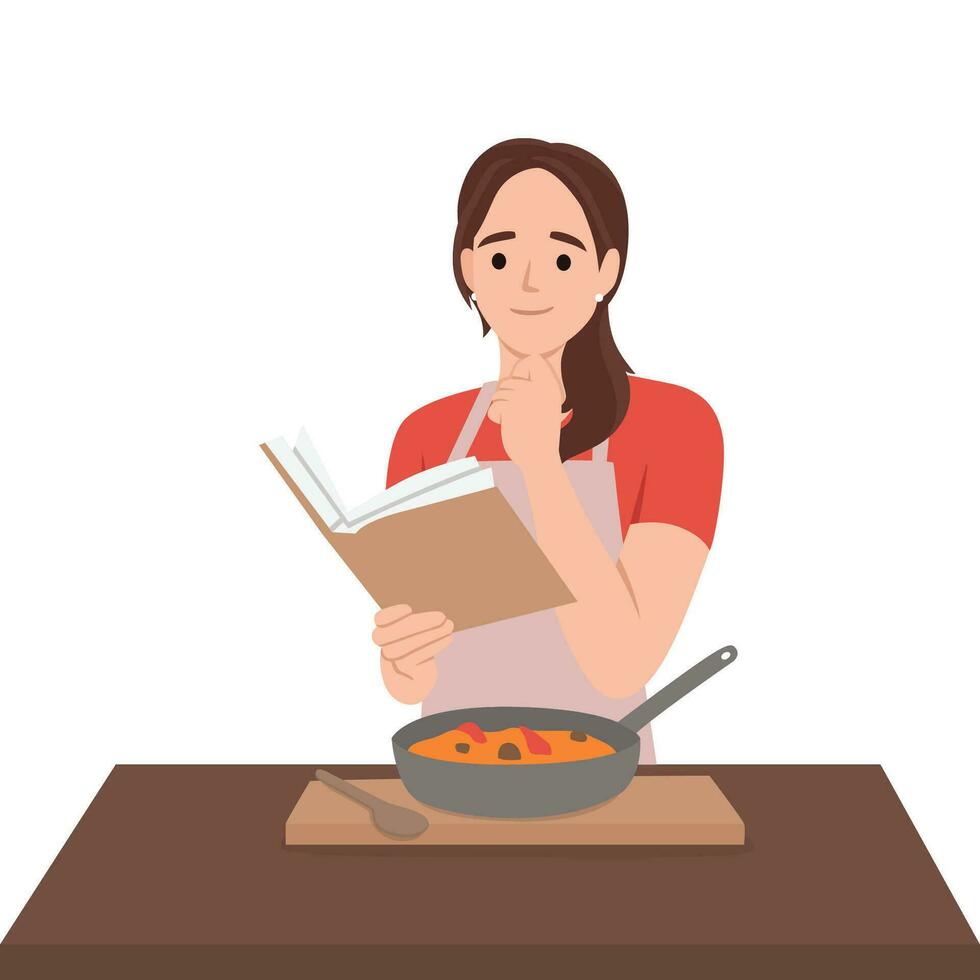 mujer cocinar leyendo recetas y Cocinando sopa. vector