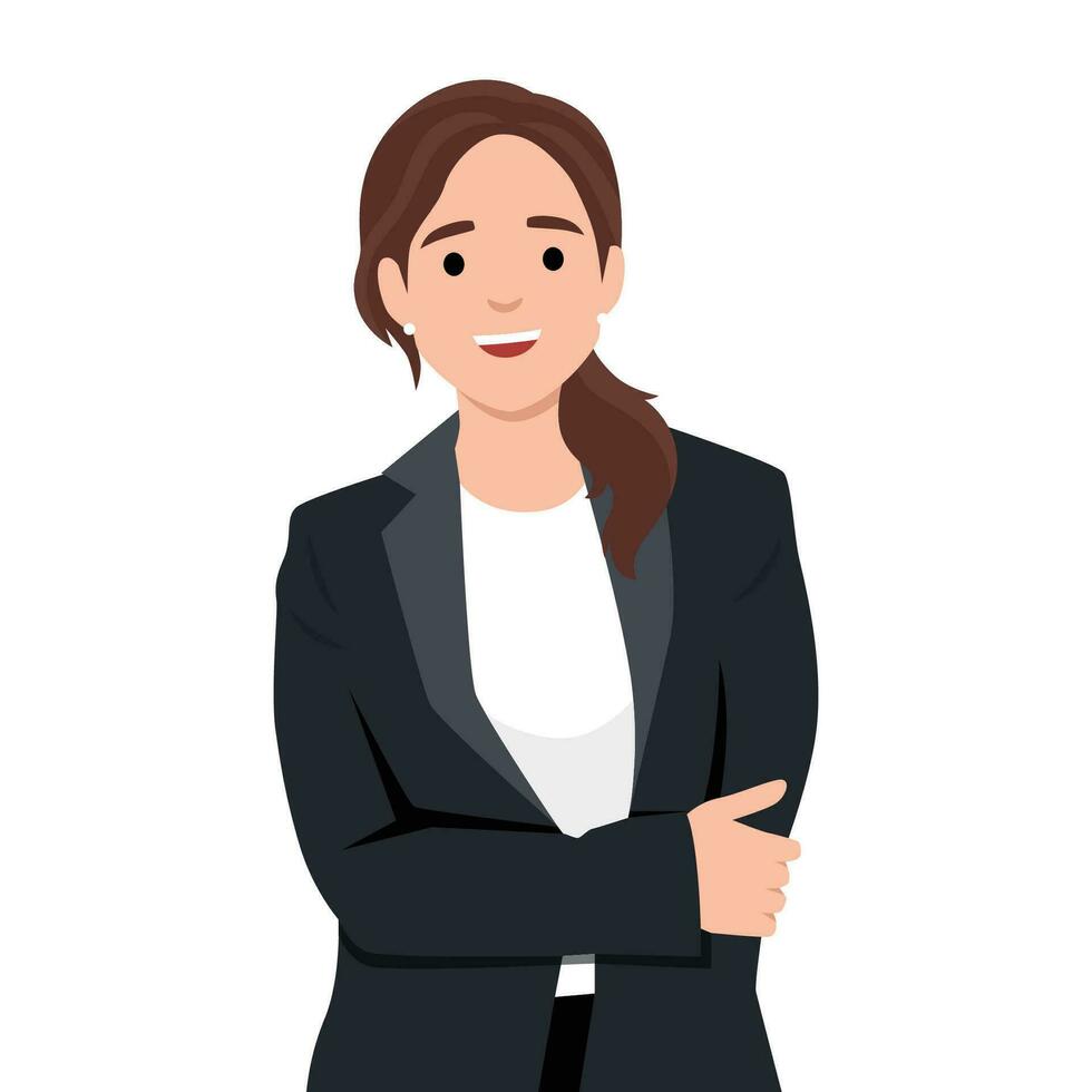 Beautiful businesswoman portrait. Smiling business woman standing folded hand, wearing black business suit. vector