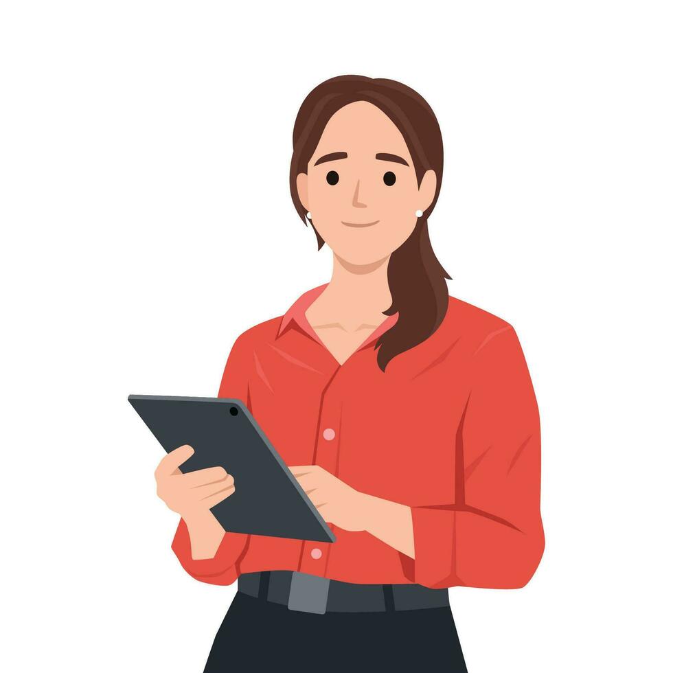 Happy young woman pointing and showing smth with hand. Smiling secretary or businesswoman explaining and presenting. vector