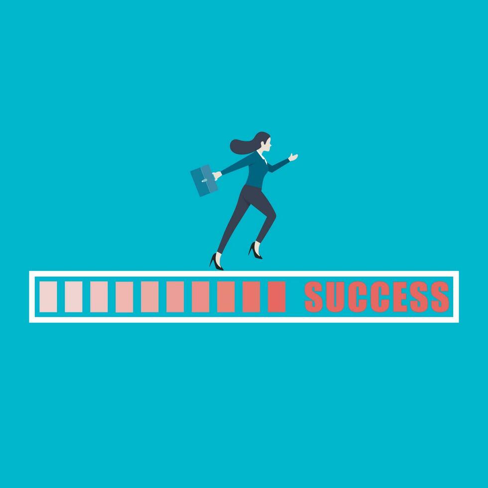 Businesswoman run on the progress bar to achieve success vector