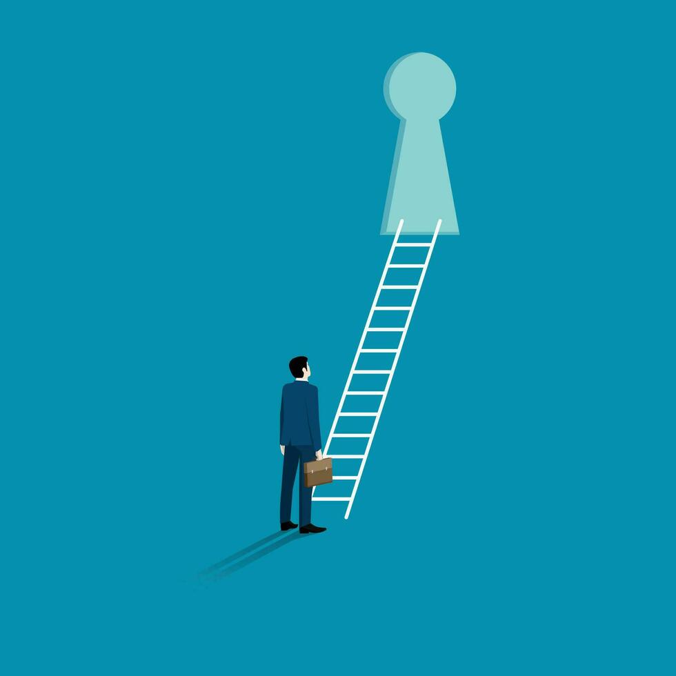 Businessman looking up ladder through secret keyholes vector