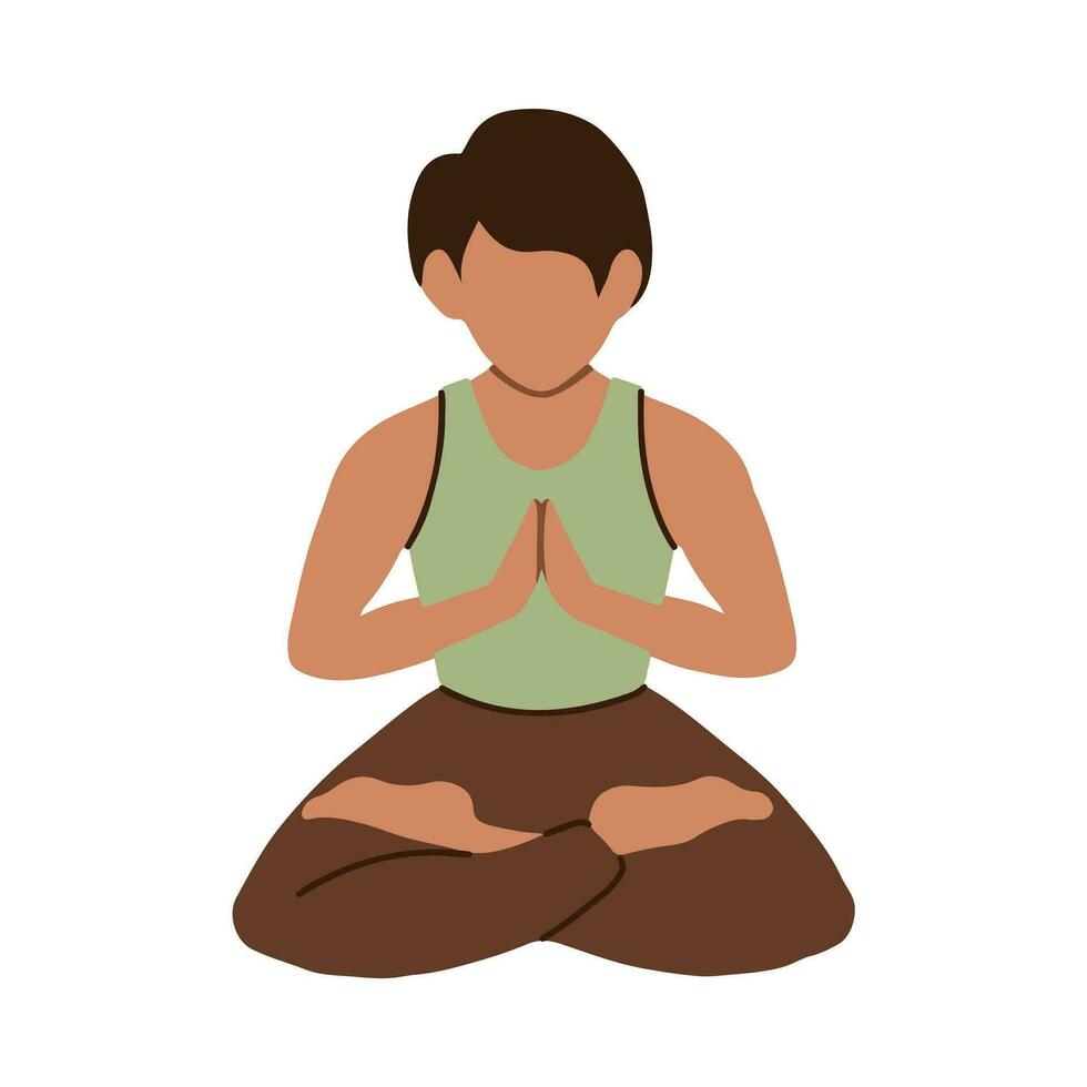 Young male meditating sitting lotus pose. Mindfulness meditation, practice, inner harmony, balance mind, body, soul. Man among flowers, plants. Self care, zen, relax. Outdoor yoga vector illustration