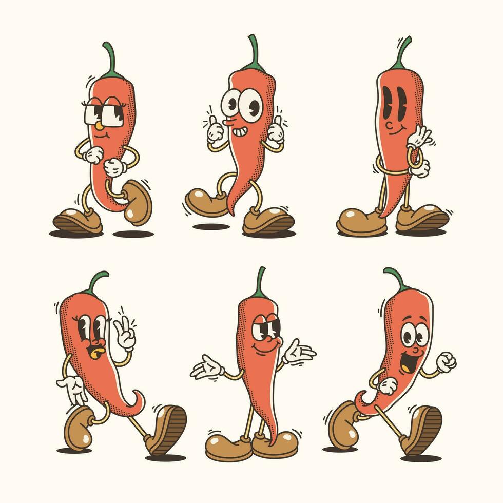 Set of Traditional Chili Pepper Cartoon Illustrations with Varied Poses and Expressions vector