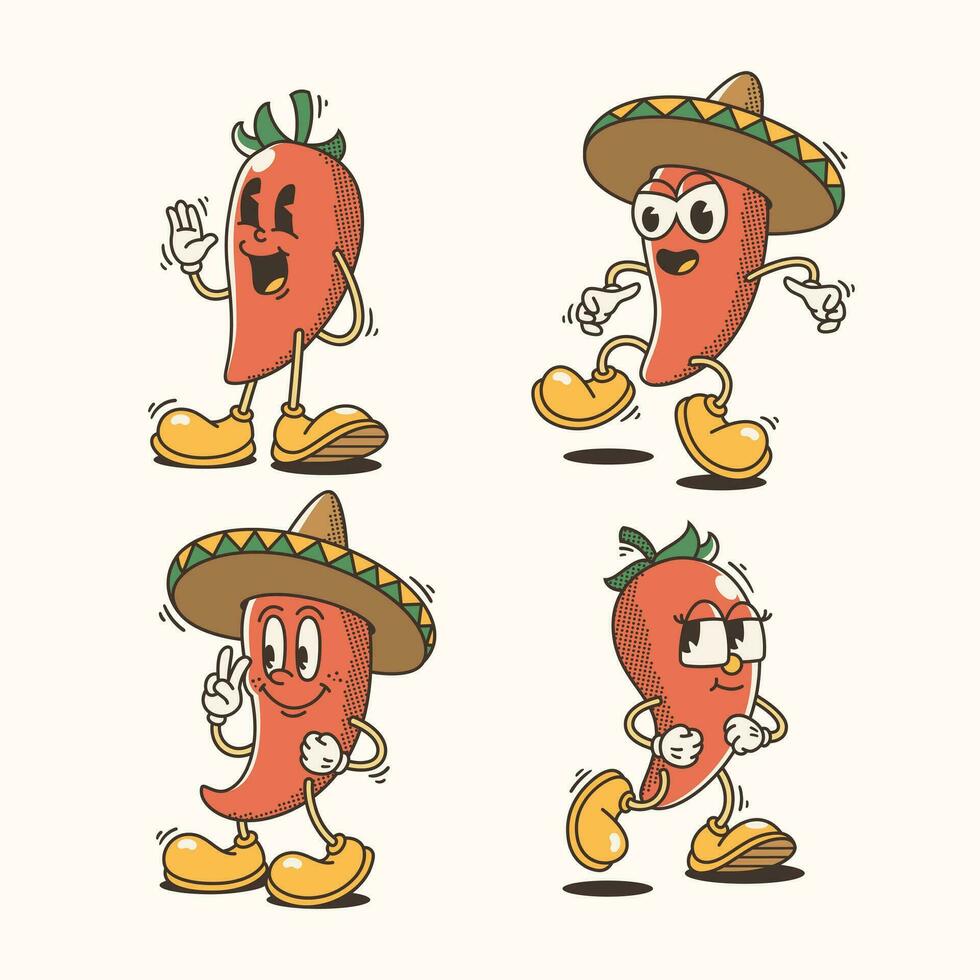 Set of Traditional Chili Pepper Cartoon Illustrations with Varied Poses and Expressions vector