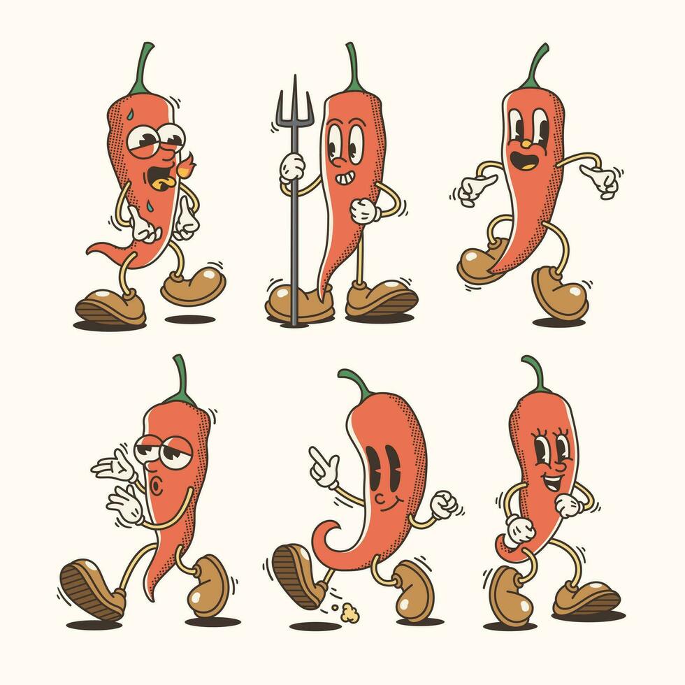 Set of Traditional Chili Pepper Cartoon Illustrations with Varied Poses and Expressions vector