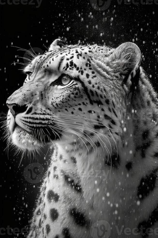 black and white photo of a snow leopard. .