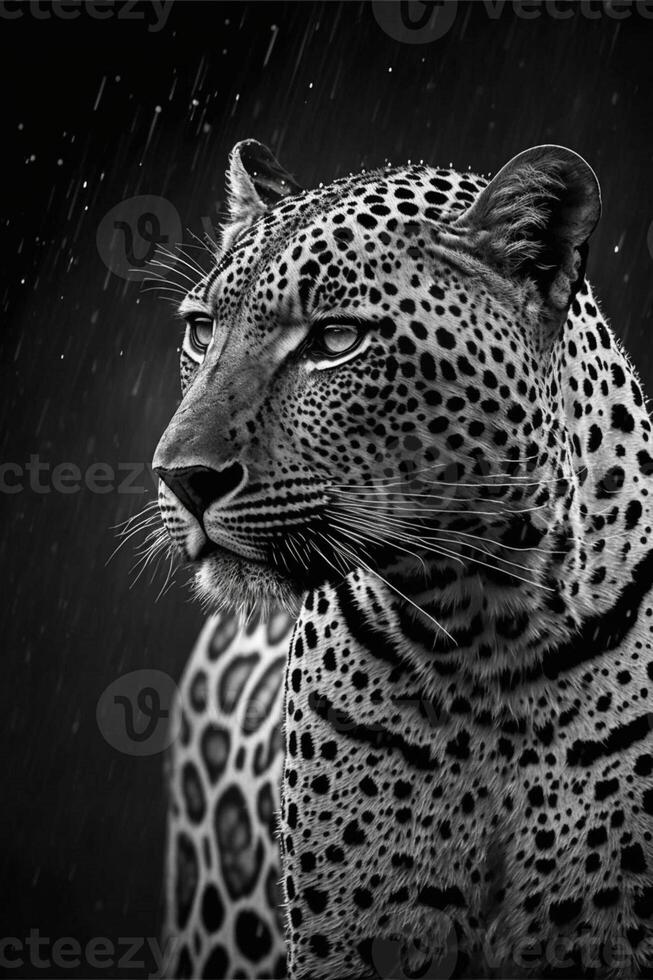 black and white photo of a leopard in the rain. .
