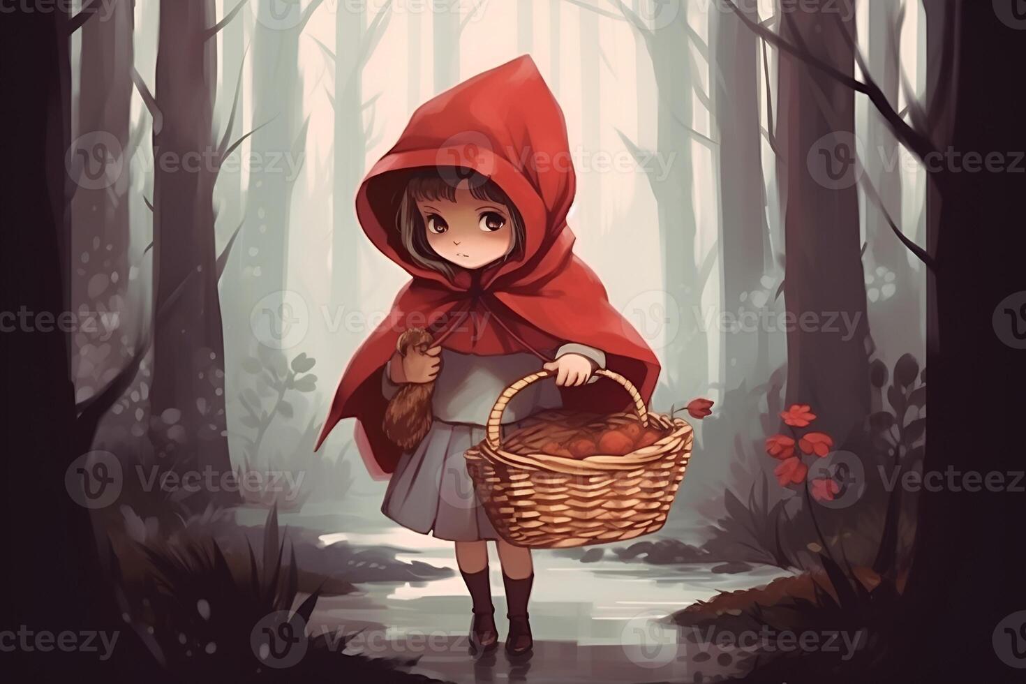 ai generado imagen de pequeño rojo montando capucha, cuento de hadas personaje caminando en el bosque con cesta en su mano foto