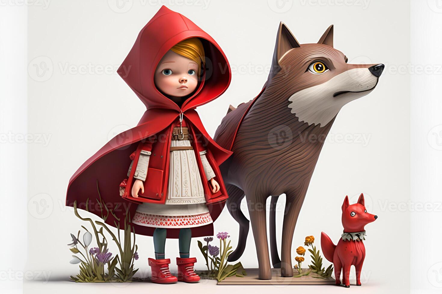 picture of little red riding hood, fairytale personage walking in the forest with basket in her hand photo