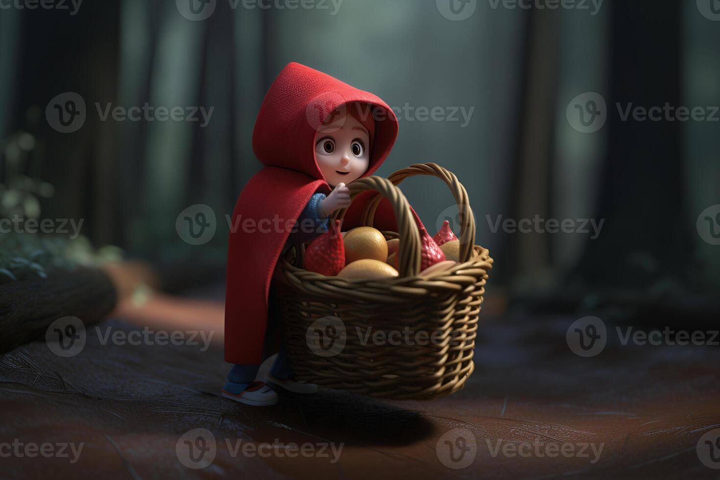 picture of little red riding hood, fairytale personage walking in the forest with basket in her hand photo