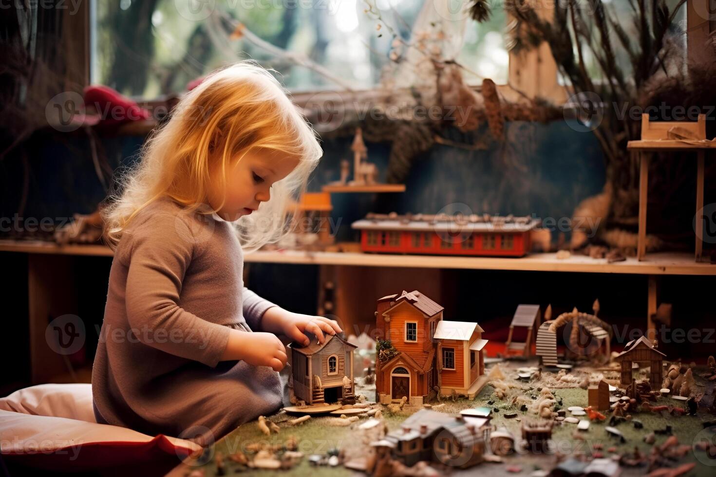 Cute little kid playing in montessori kids development center photo