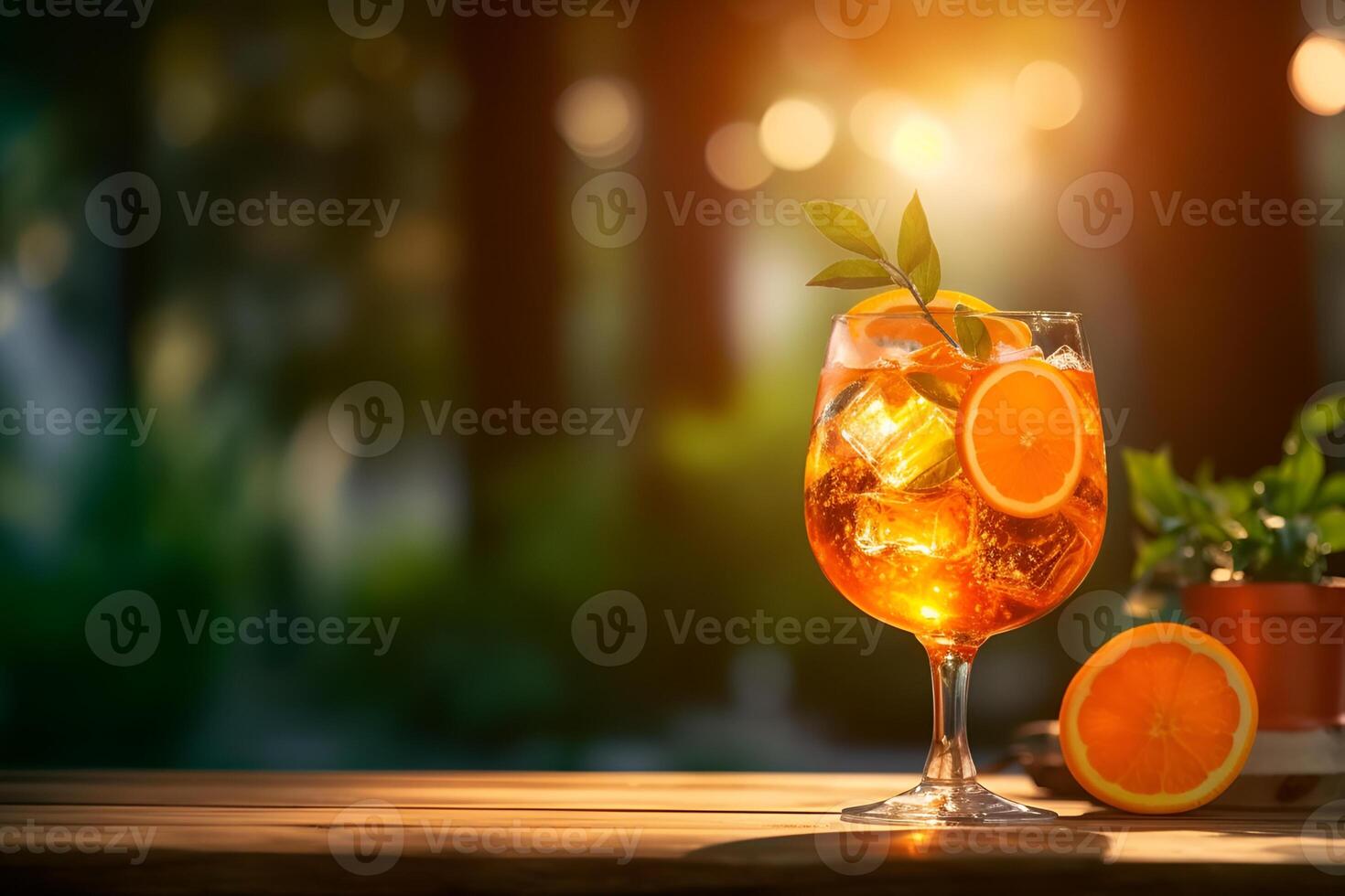 Glass of fresh aperol spritz on wooden table at bar and beach photo