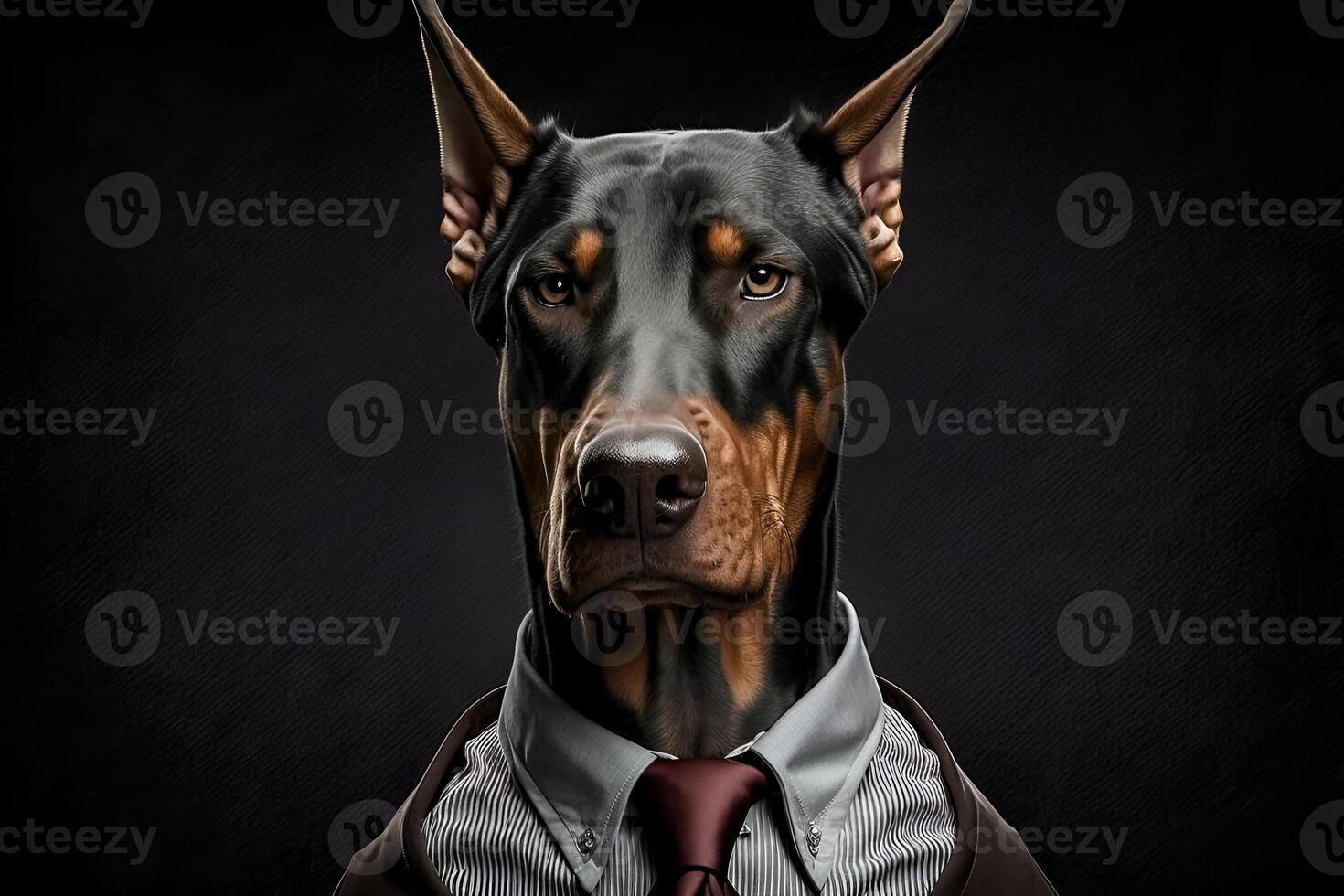 studio portrait of bold angry doberman dog in suit shirt and tie wearing sunglasses photo