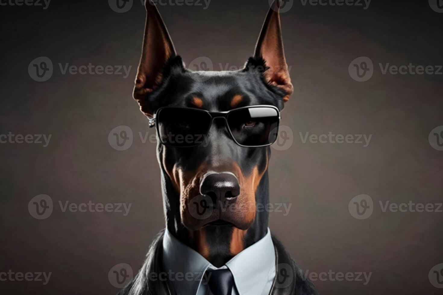 studio portrait of bold angry doberman dog in suit shirt and tie wearing sunglasses photo