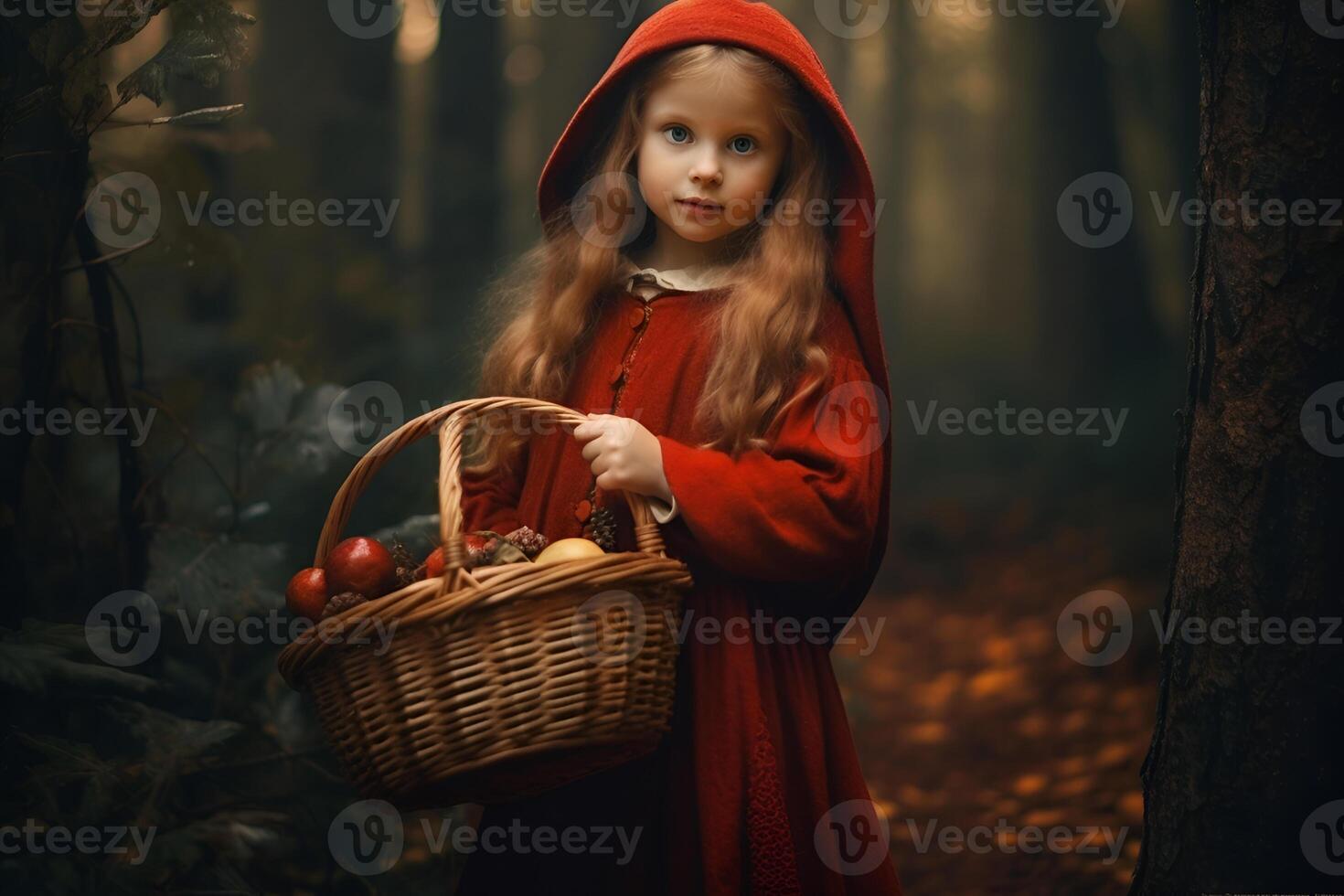 ai generado imagen de pequeño rojo montando capucha, cuento de hadas personaje caminando en el bosque con cesta en su mano foto