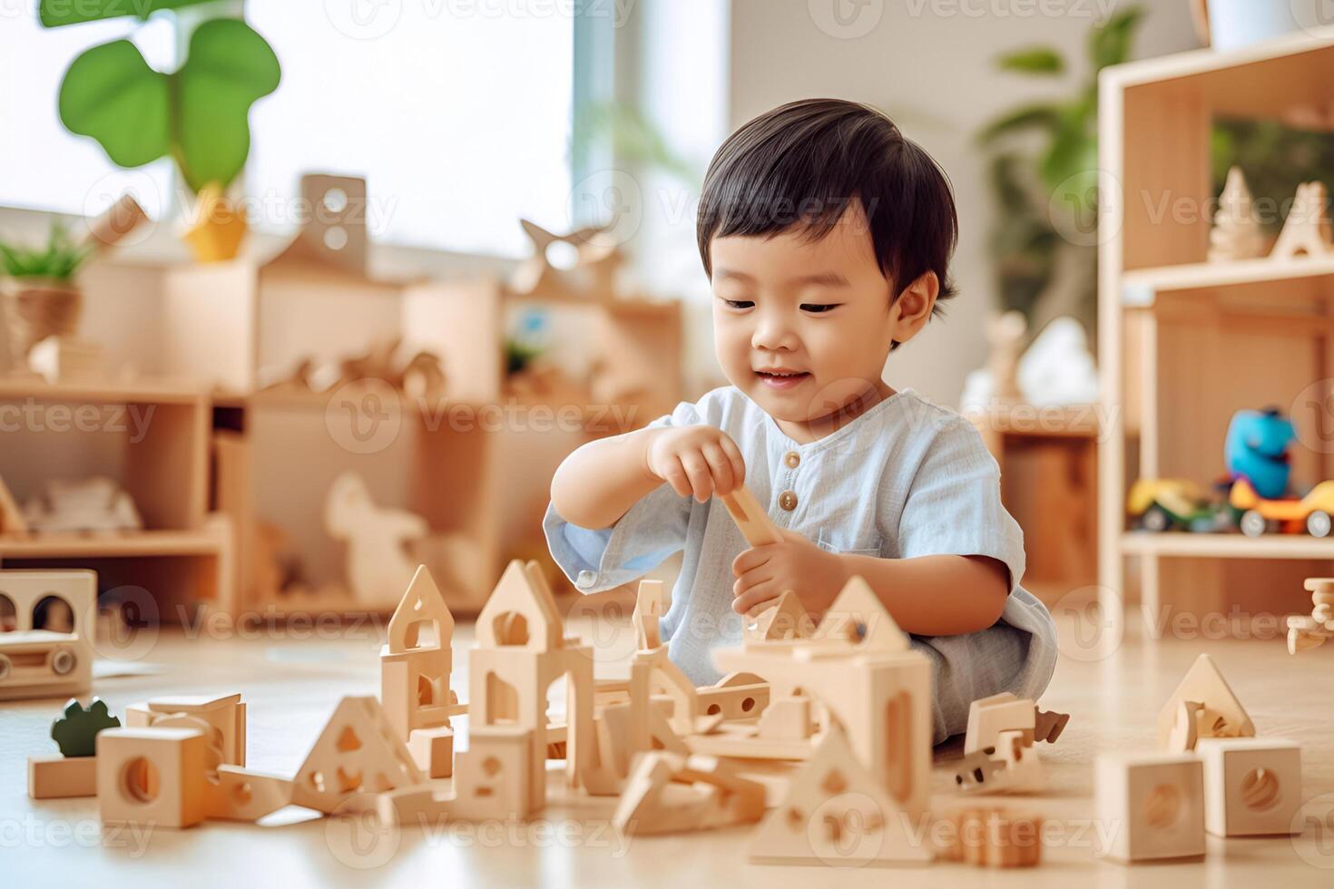 Cute little kid playing in montessori kids development center photo