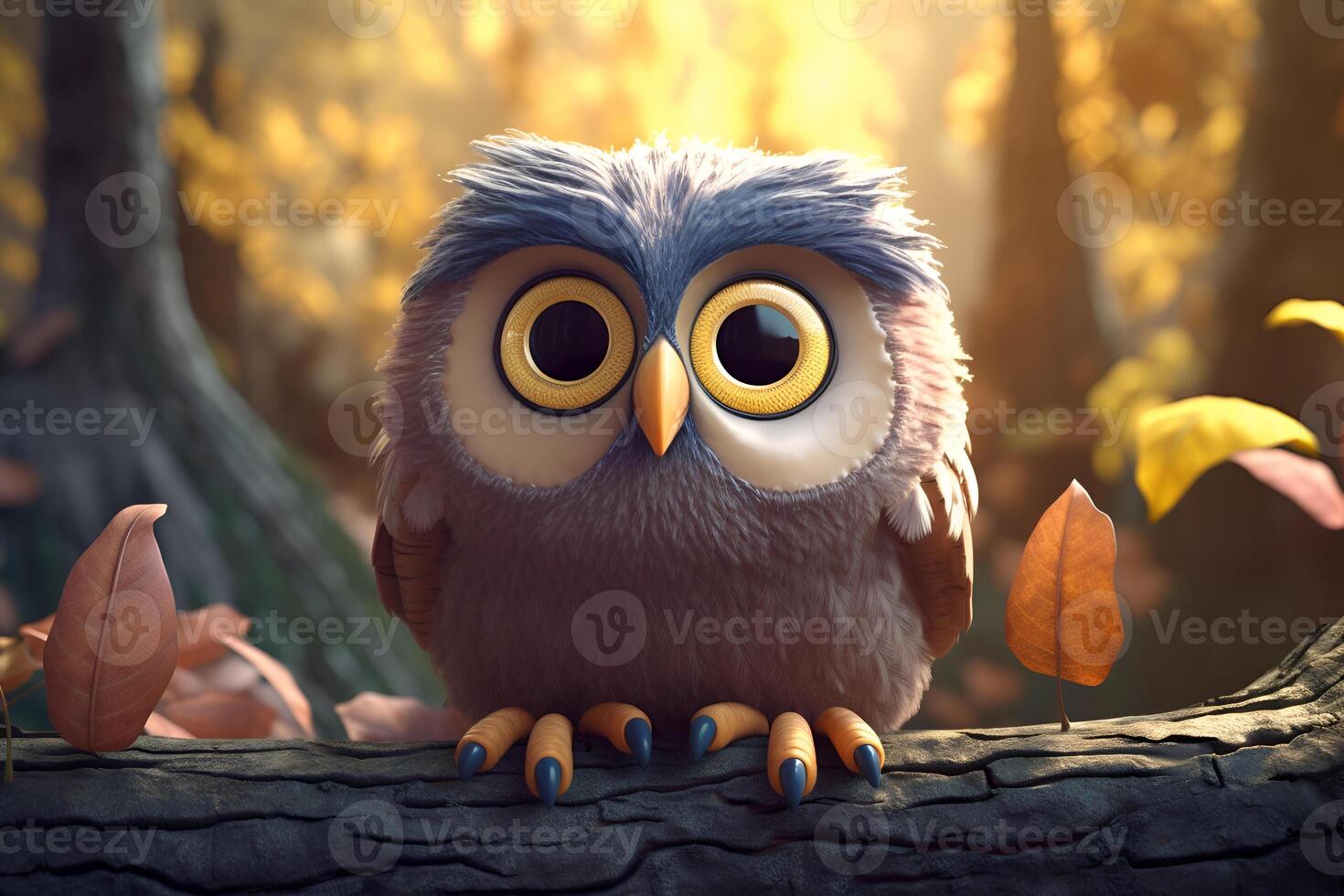 closeup portrait of cartoon pixar 3d owl sitting on the branchowl photo