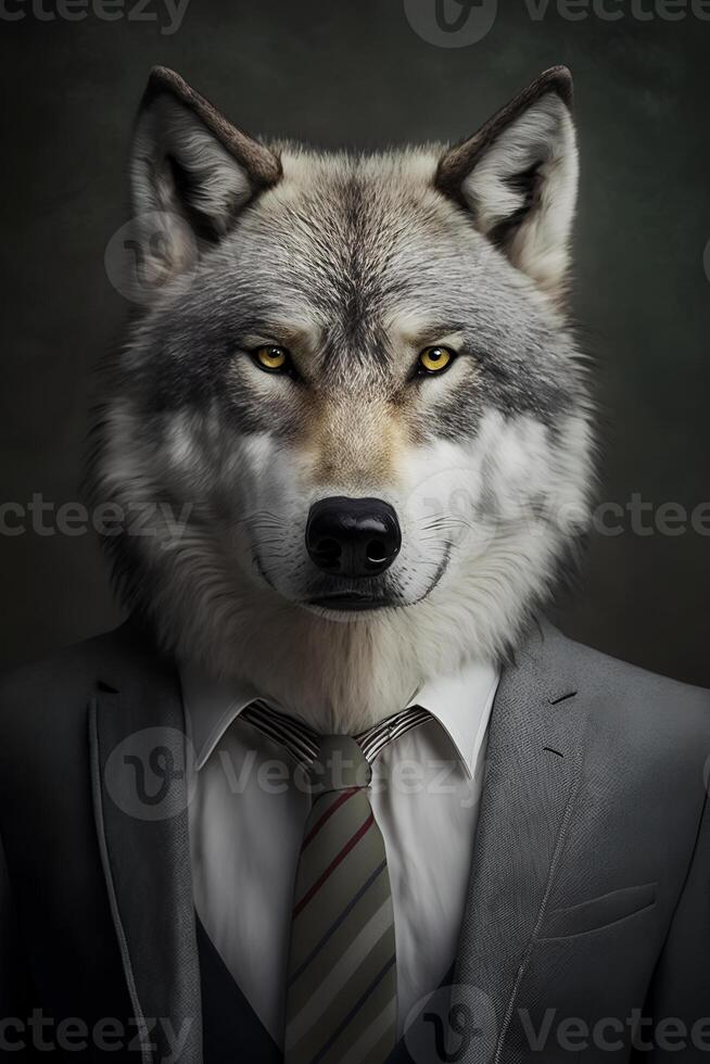 ai generado estudio retrato de enojado negrita lobo en traje, camisa, Corbata foto