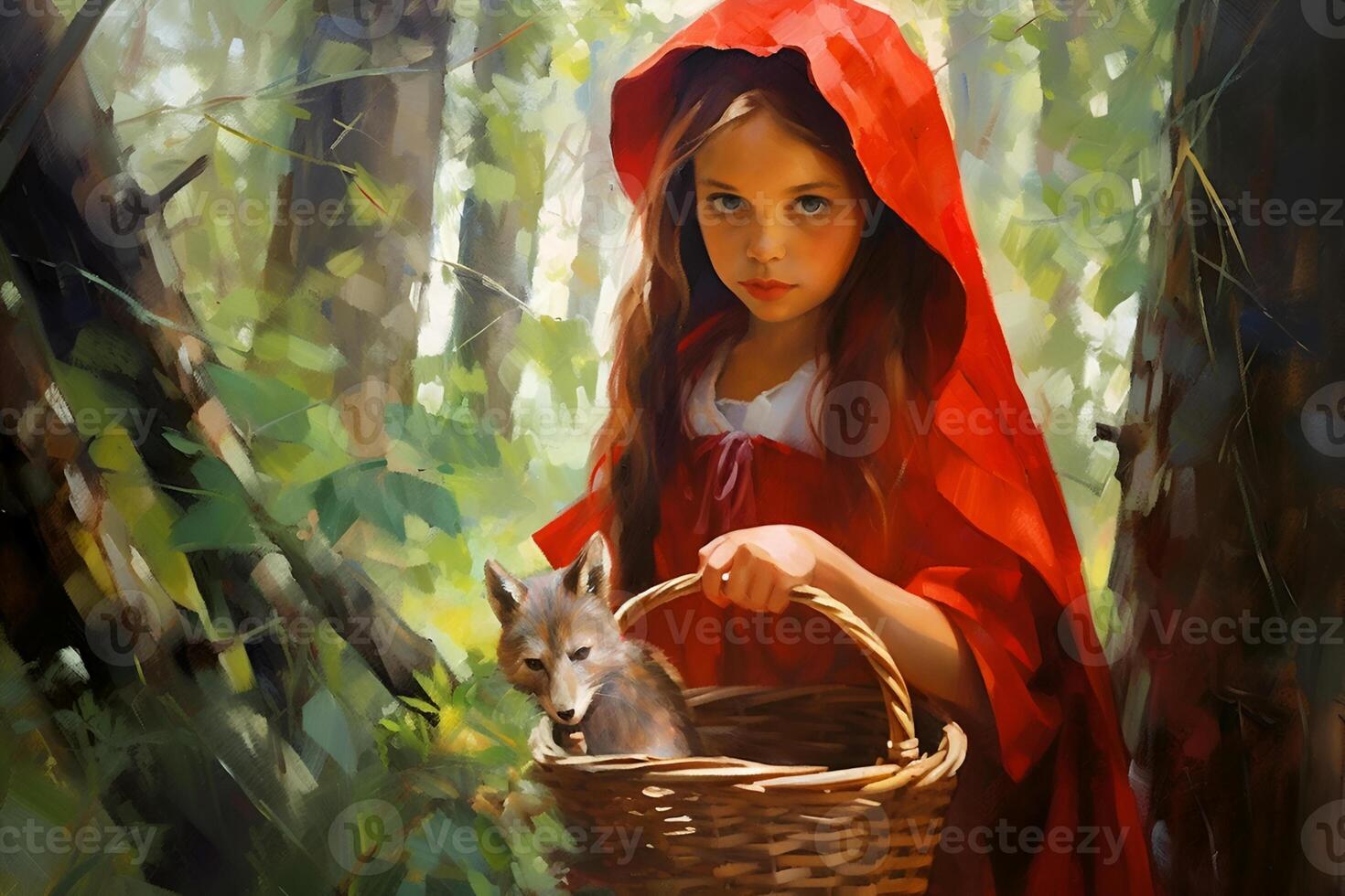 picture of little red riding hood, fairytale personage walking in the forest with basket in her hand photo