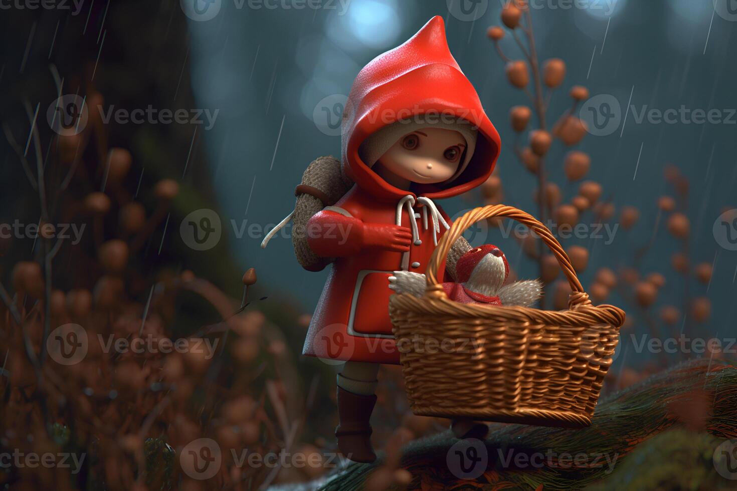 picture of little red riding hood, fairytale personage walking in the forest with basket in her hand photo