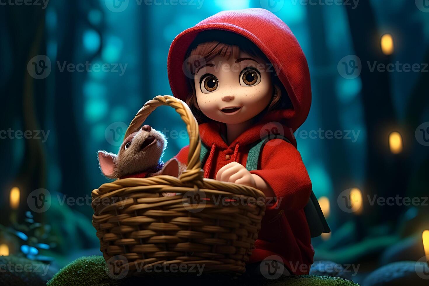 picture of little red riding hood, fairytale personage walking in the forest with basket in her hand photo