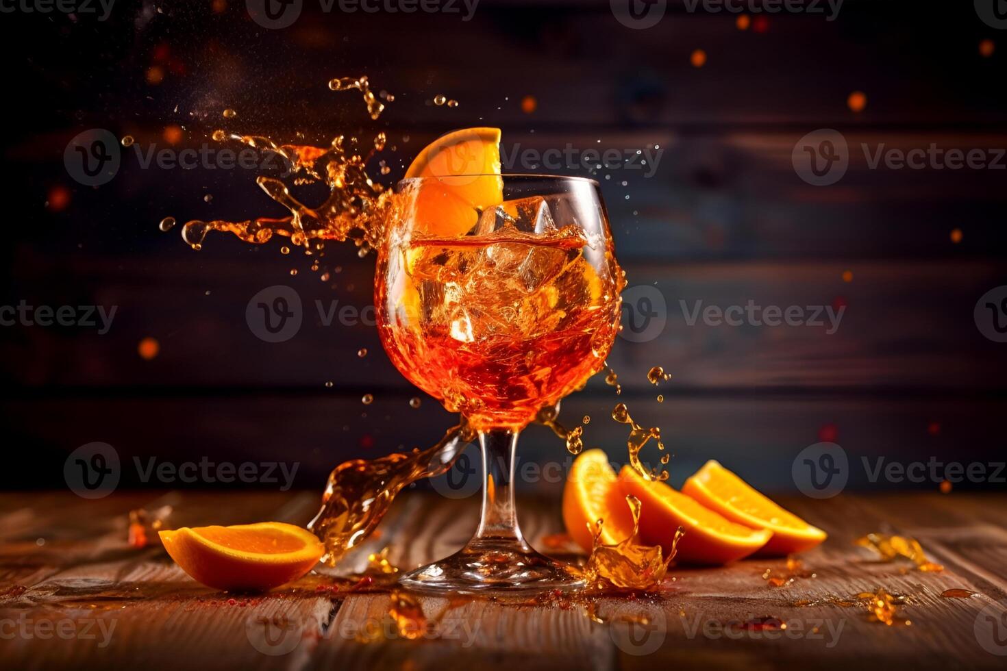 Glass of fresh aperol spritz on wooden table at bar and beach photo