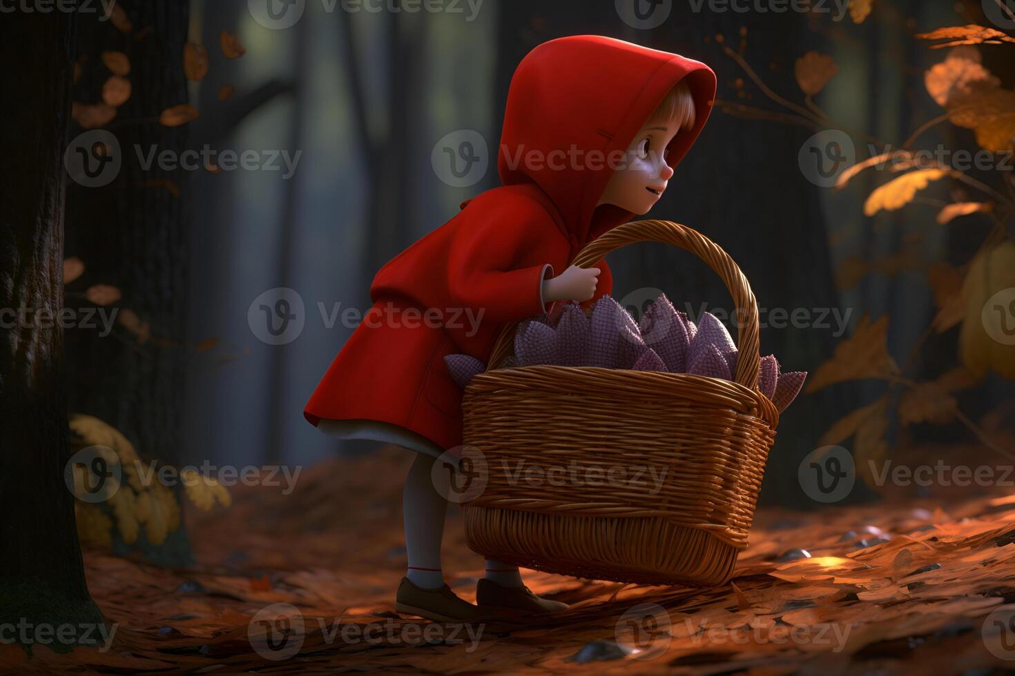 picture of little red riding hood, fairytale personage walking in the forest with basket in her hand photo