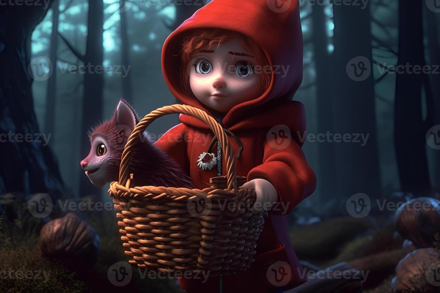 picture of little red riding hood, fairytale personage walking in the forest with basket in her hand photo