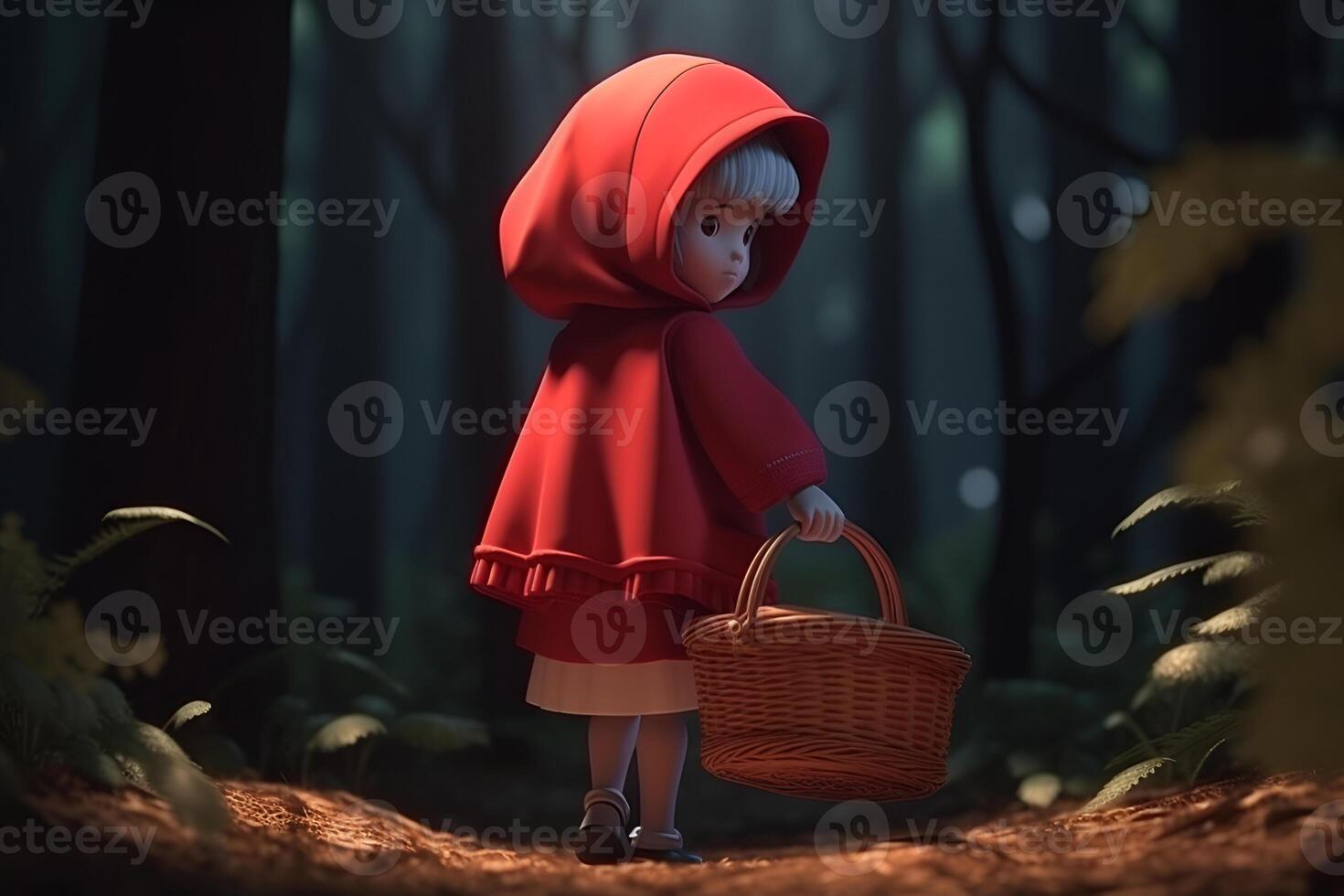 picture of little red riding hood, fairytale personage walking in the forest with basket in her hand photo