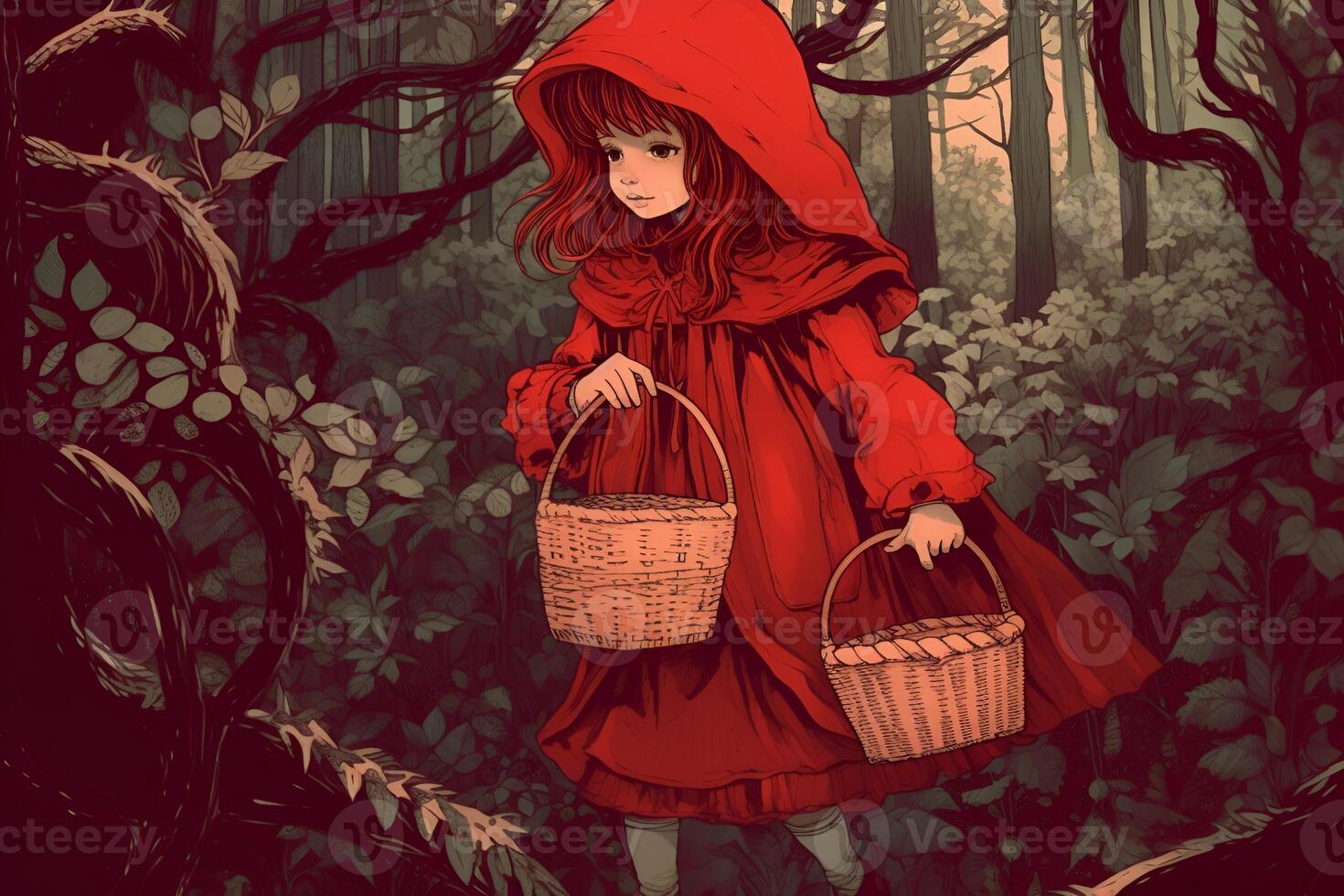 picture of little red riding hood, fairytale personage walking in the forest with basket in her hand photo