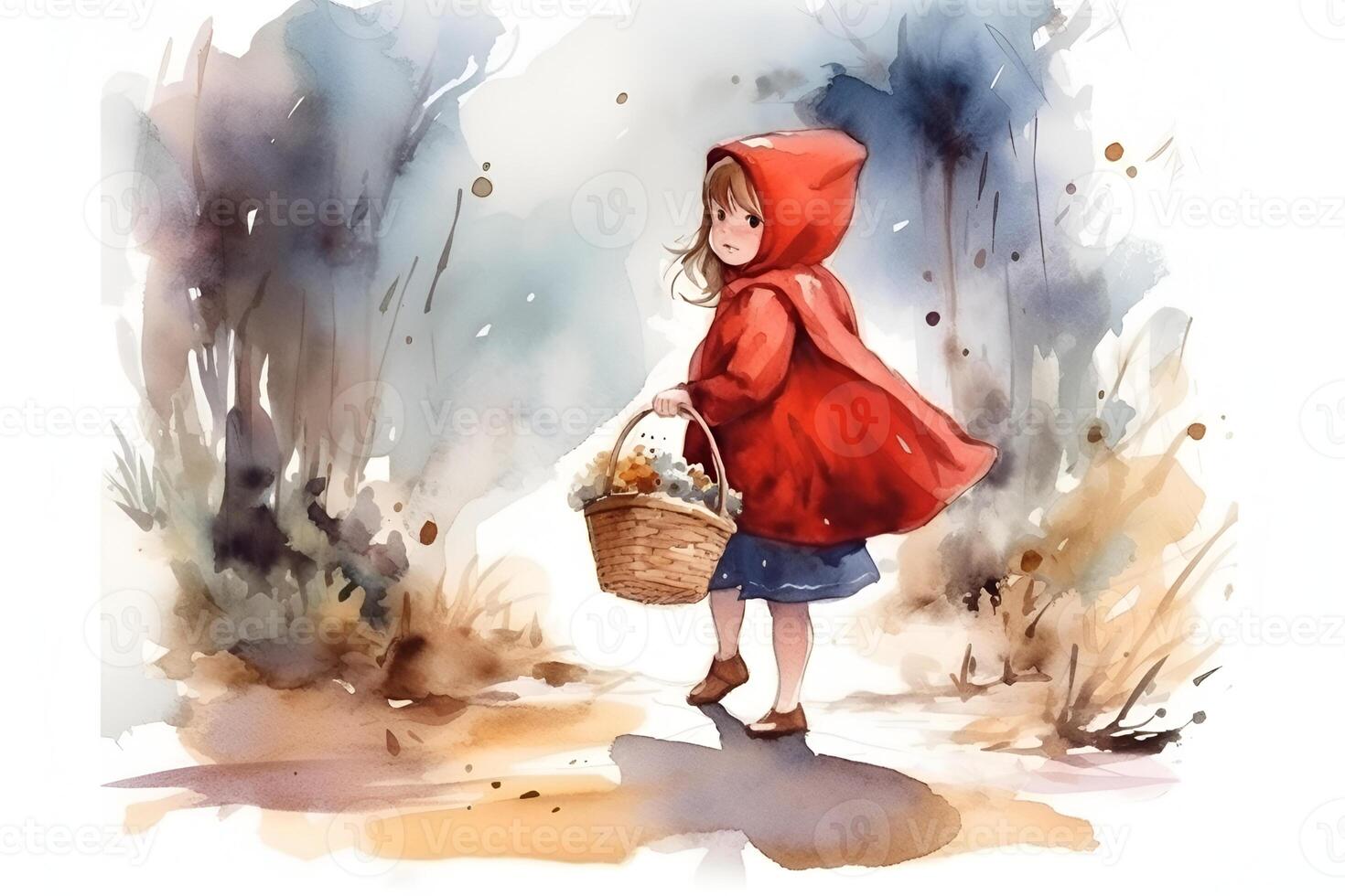 ai generado imagen de pequeño rojo montando capucha, cuento de hadas personaje caminando en el bosque con cesta en su mano foto