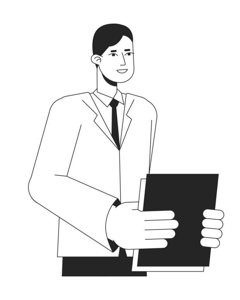 Asian office worker holding paperwork bw vector spot illustration. Male white collar worker 2D cartoon flat line monochromatic character for web UI design. Editable isolated outline hero image