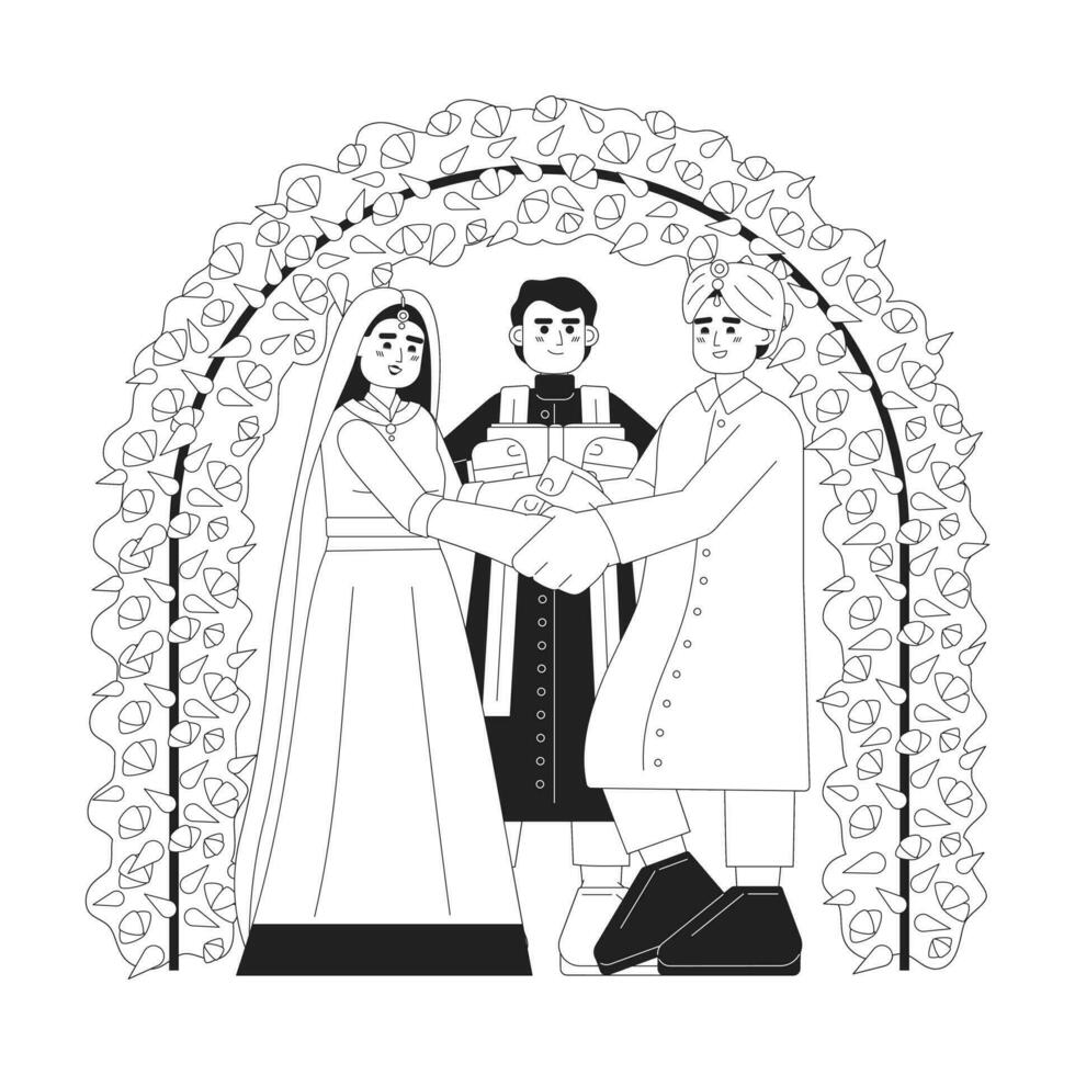 indio Boda ceremonia monocromo concepto vector Mancha ilustración. hindú novia y novio 2d plano bw dibujos animados caracteres para web ui diseño. arreglado matrimonio aislado editable mano dibujado héroe imagen