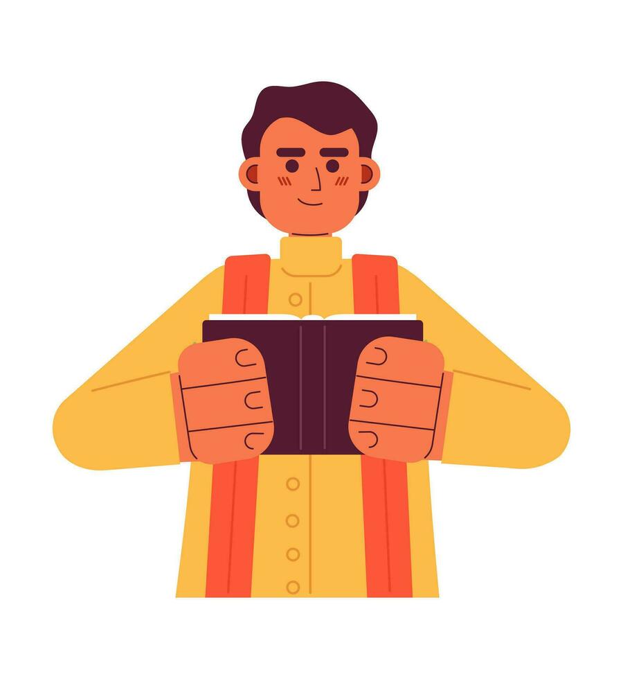 Hindu priest semi flat colorful vector character. Indian man preacher. Religious leader. Hindu temple. Editable full body person on white. Simple cartoon spot illustration for web graphic design