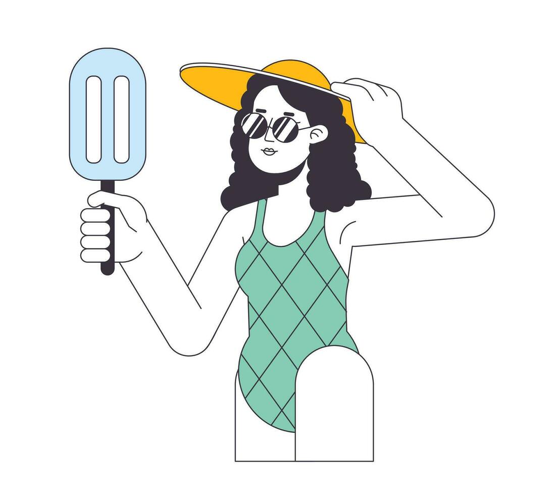 hielo crema en verano plano línea vector Mancha ilustración. Gafas de sol joven mujer disfrutando verano descanso 2d dibujos animados contorno personaje en blanco para web ui diseño. editable aislado vistoso héroe imagen