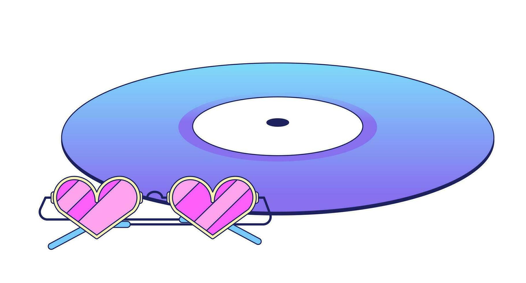 Compact disc with heart shaped glasses flat vector cartoon icon. Vinyl music with sunglasses. Editorial, magazine spot illustration. Colorful object isolated on white. Editable 2D simple drawing