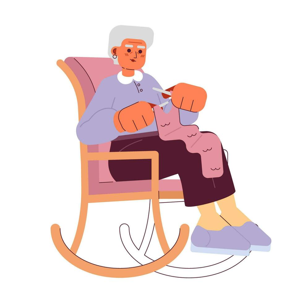 Grandma knitting semi flat colorful vector character. Gray hair grandmother with yarn in rocking chair. Editable full body person on white. Simple cartoon spot illustration for web graphic design