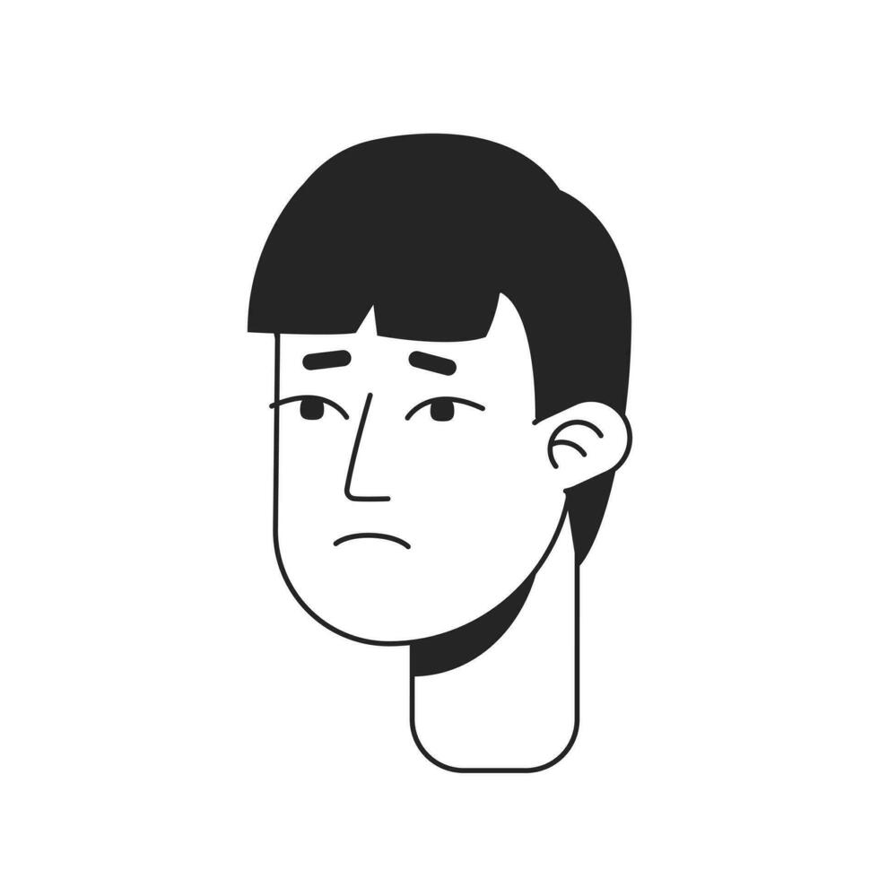 decepcionado joven asiático hombre con explosión monocromo plano lineal personaje cabeza. estresado chico. editable contorno mano dibujado humano cara icono. 2d dibujos animados Mancha vector avatar ilustración para animación