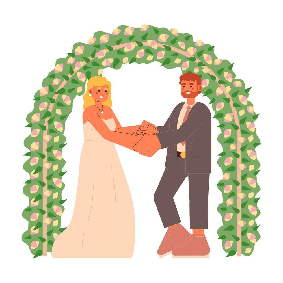 compromiso ceremonia plano concepto vector Mancha ilustración. recién casados debajo flores arco 2d dibujos animados caracteres en blanco para web ui diseño. americano Boda aislado editable creativo héroe imagen