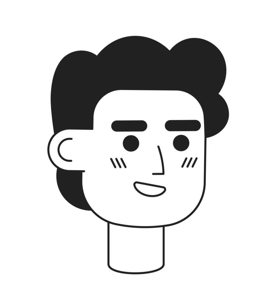 Curly hair caucasian man with bright smile monochrome flat linear character head. Casual guy. Editable outline hand drawn human face icon. 2D cartoon spot vector avatar illustration for animation