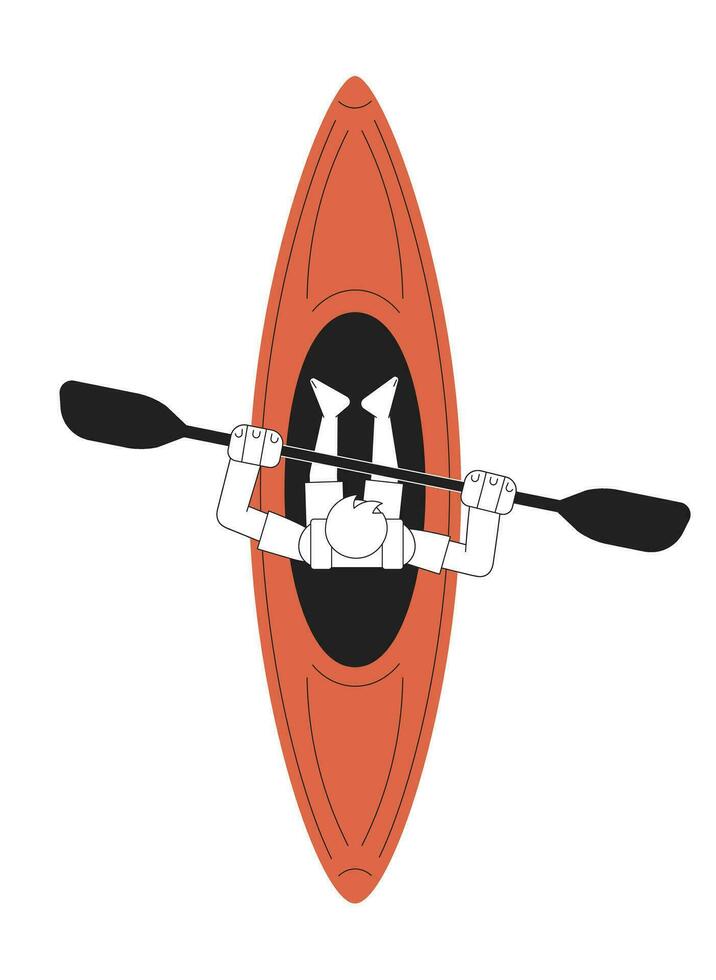Young man with paddle sitting in canoe top view monochromatic flat vector character. Kayak sports. Editable thin line full body person on white. Simple bw cartoon spot image for web graphic design