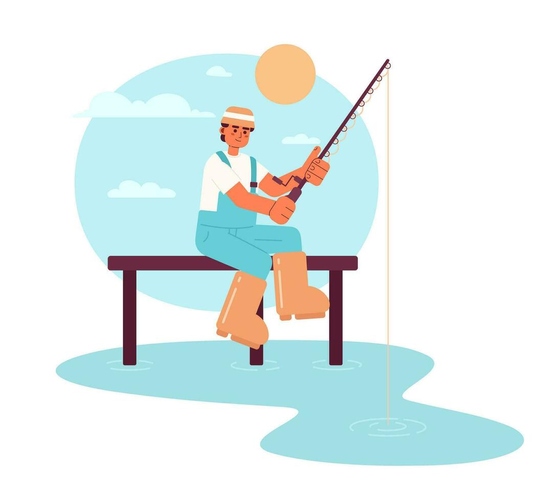Fishing in morning flat vector spot illustration. Fisherman with spinning 2D cartoon character on white background for web UI design. Summertime. Fishing season isolated editable creative hero image