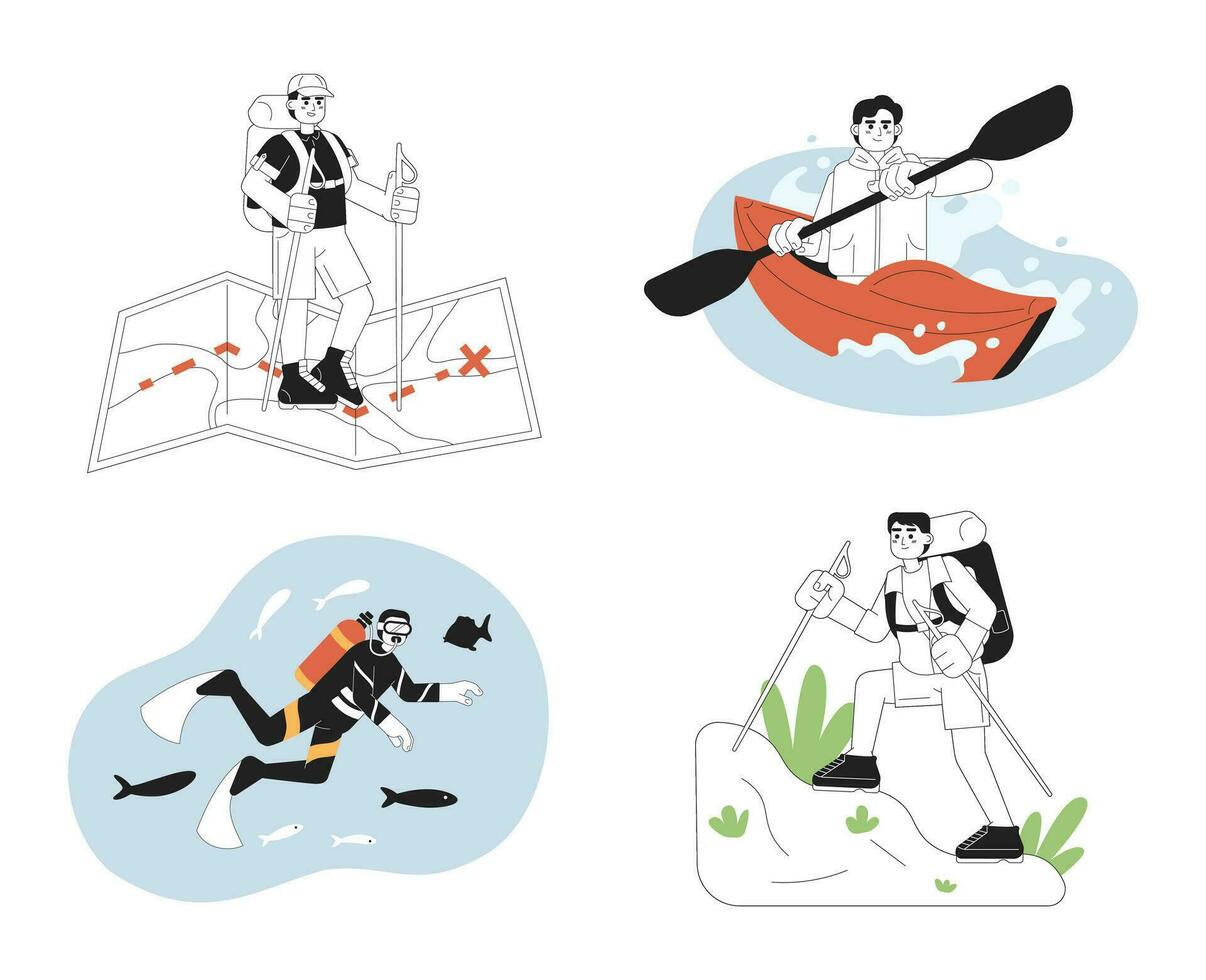 Extreme sports concept hero image set. Outdoor recreational activities in land, water. Outdoors men concept black and white illustration pack. Recreation people. Vector art for web design ui