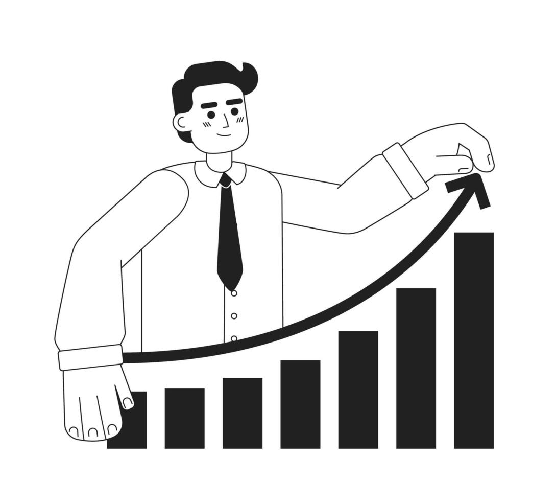 Business growth monochrome concept vector spot illustration. Analyst 2D flat bw cartoon character for web UI design. Boost productivity. Sales increase chart isolated editable hand drawn hero image