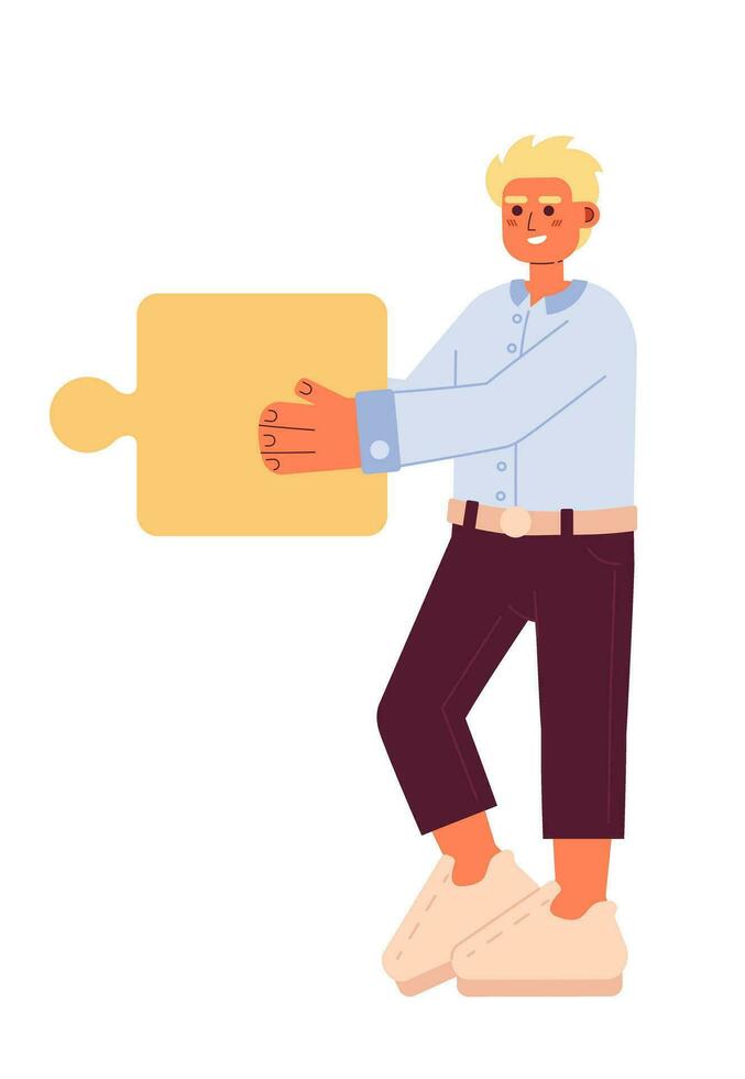 Smiling blond man holding jigsaw semi flat colorful vector character. Collaboration partnership. Editable full body person on white. Simple cartoon spot illustration for web graphic design