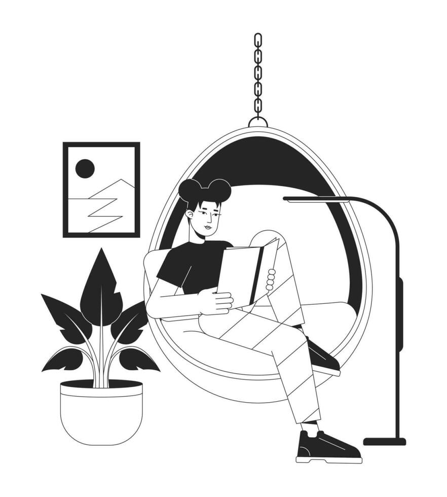 leyendo en colgando silla bw vector Mancha ilustración. asiático mujer leyendo libro 2d dibujos animados plano línea monocromo personaje para web ui diseño. niña ratón de biblioteca editable aislado contorno héroe imagen