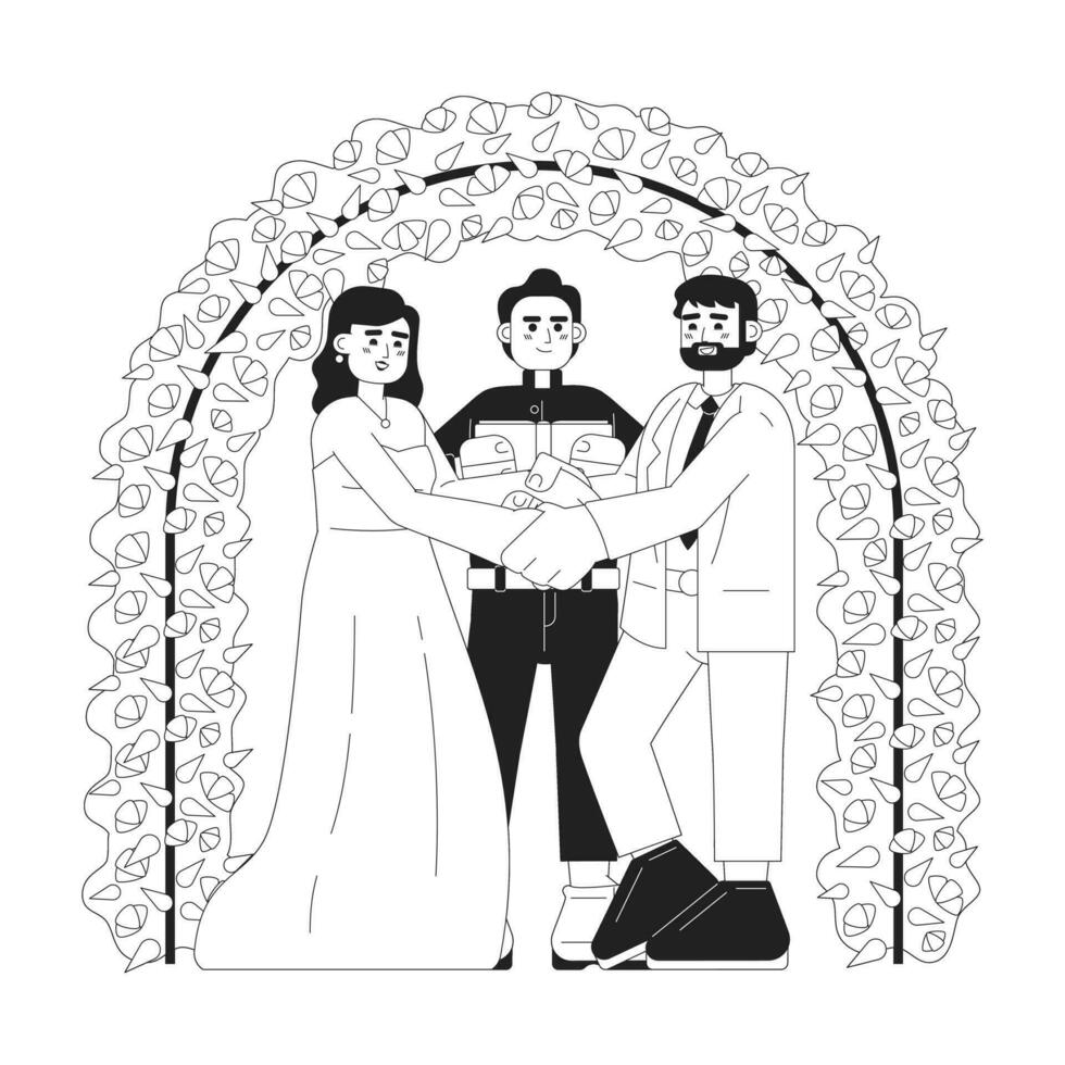 católico Boda votos monocromo concepto vector Mancha ilustración. Boda Pareja participación manos 2d plano bw dibujos animados caracteres para web ui diseño. Iglesia ceremonia aislado editable mano dibujado héroe imagen