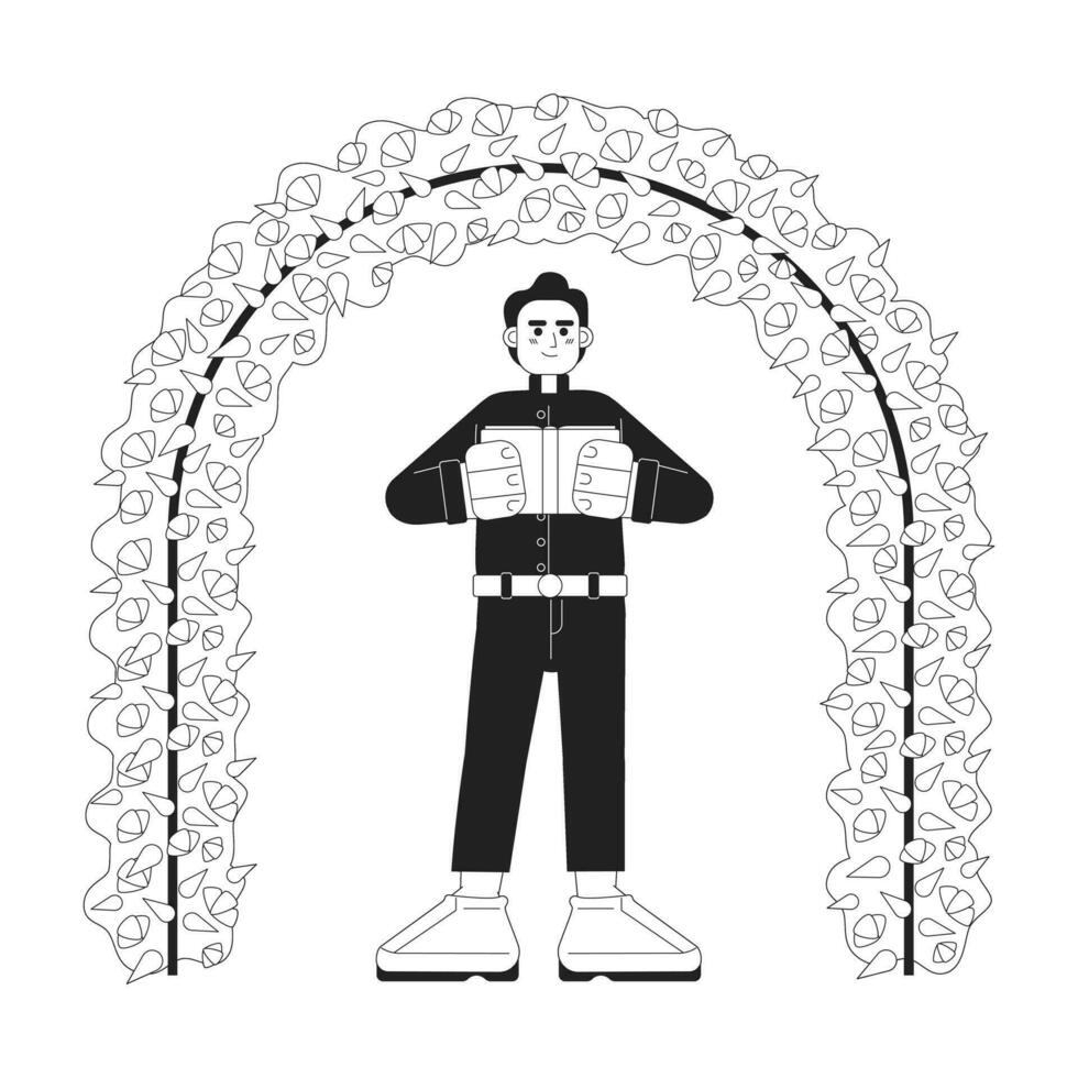 Wedding preacher monochrome concept vector spot illustration. Officiant under flowers arch 2D flat bw cartoon character for web UI design. Catholic priest isolated editable hand drawn hero image