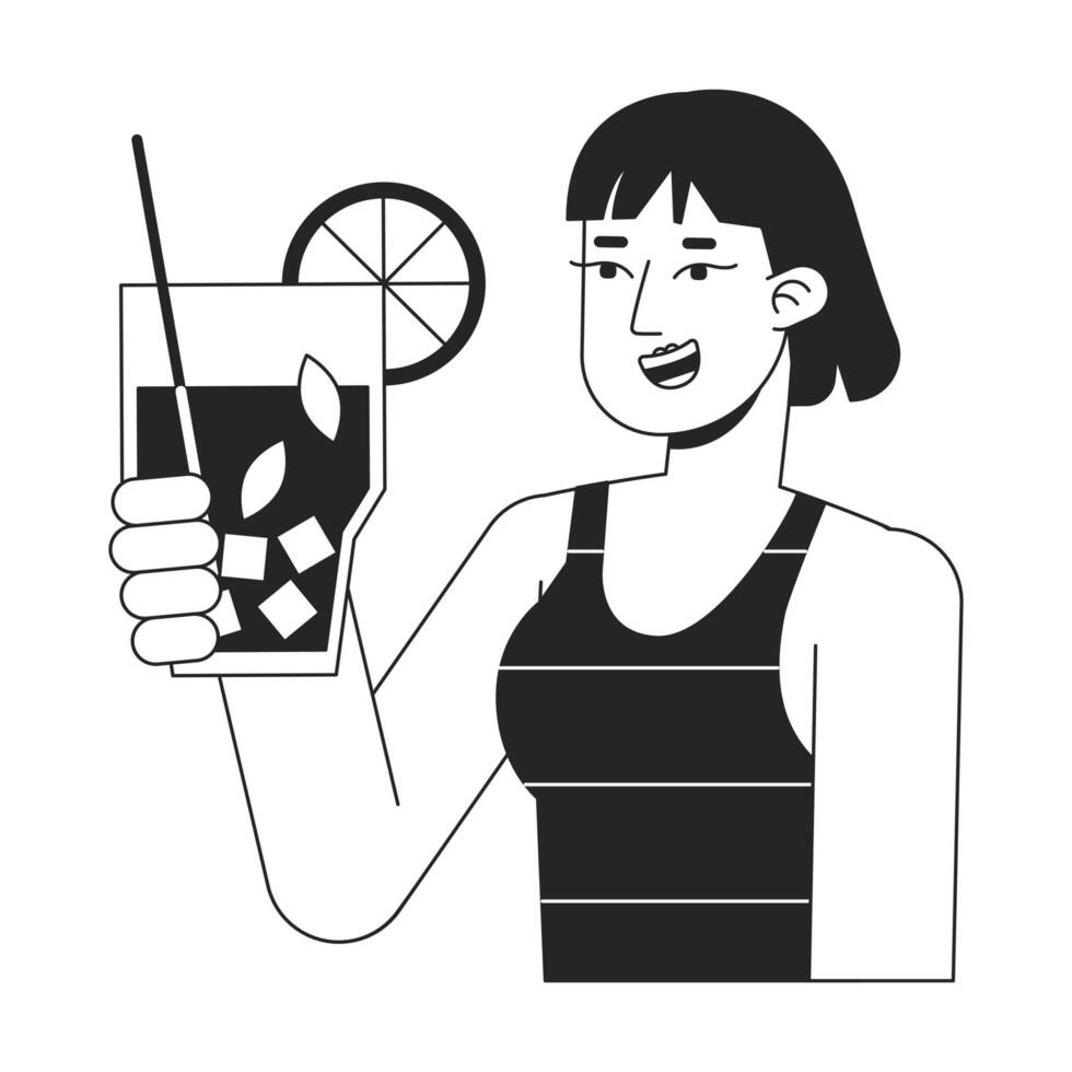 Young adult woman holding cocktail bw vector spot illustration. Cocktail girl 2D cartoon flat line monochromatic character for web UI design. Summer drinking editable isolated outline hero image